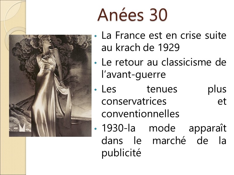 Anées 30 La France est en crise suite au krach de 1929 Le retour